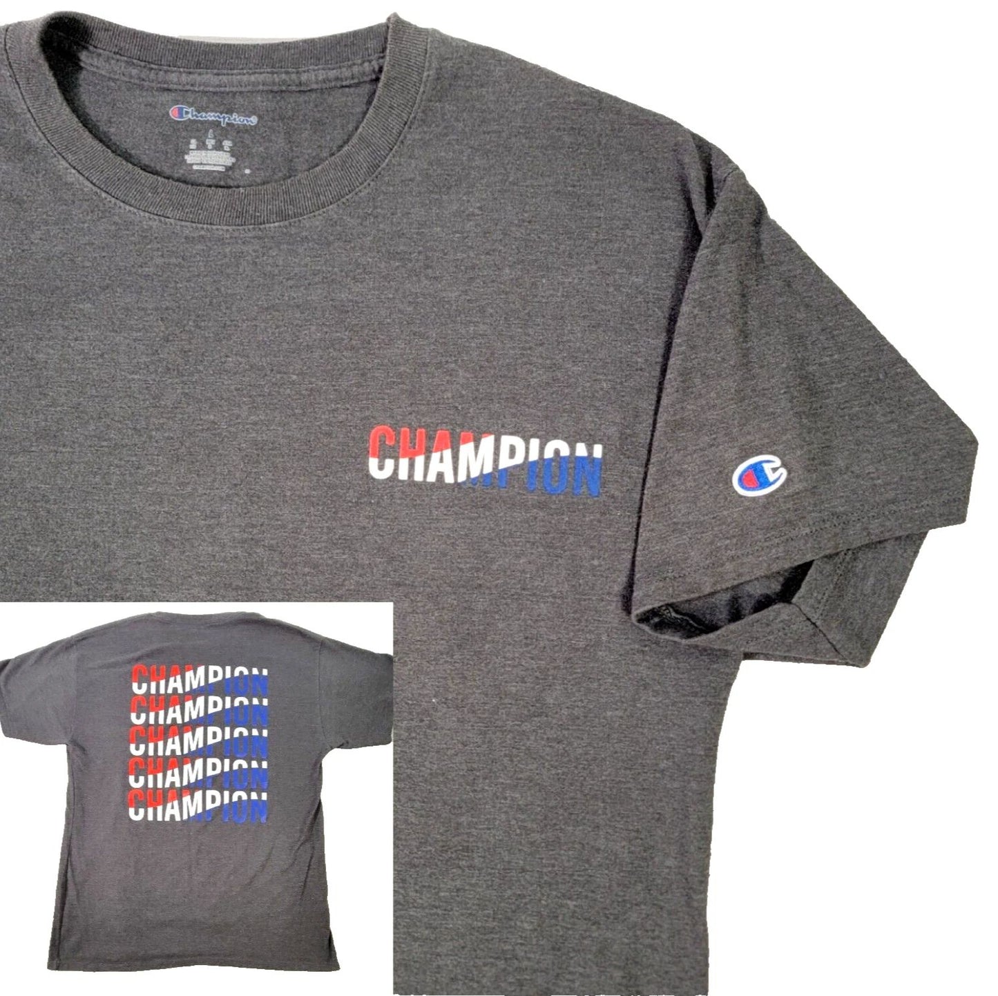 Champion Mens T-Shirt Tee Size Large Gray Graphic Front/Back Logo Comfort