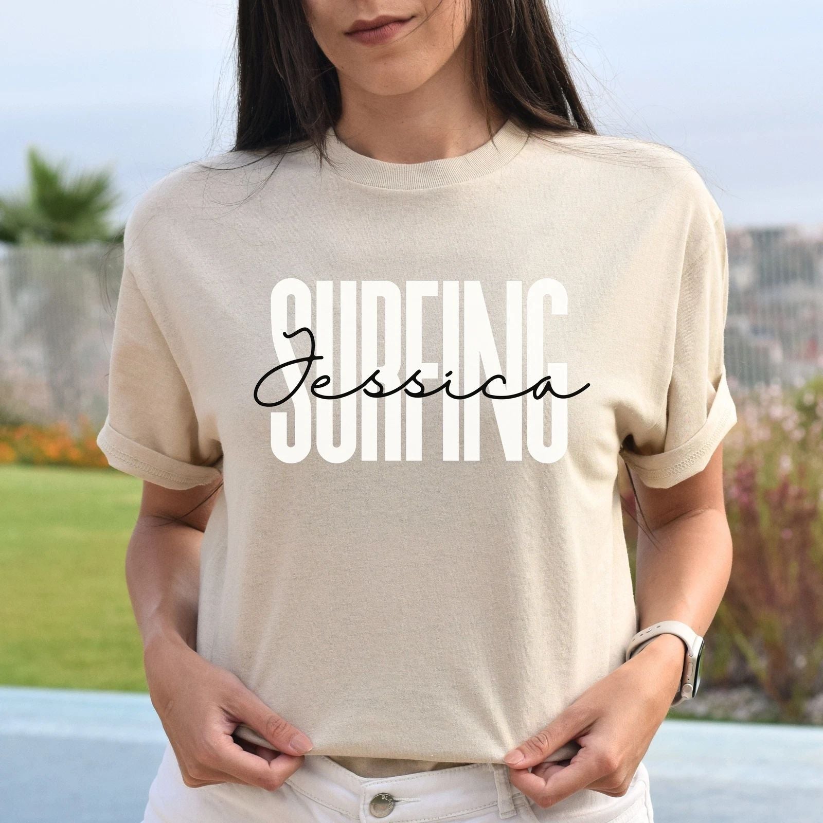 Personalized Surfing T-shirt gift Custom name Surfer surf lover Unisex Tee Sand