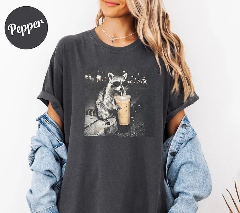 Retro Raccoon Iced Coffee Meme Shirt Funny Animal Graphic Tee Gift