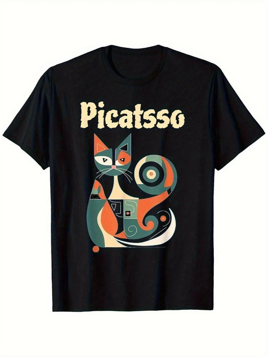 New Black Abstract Cat Picasso-Inspired T-Shirt - Cubist Style Picasso Logo-Lik