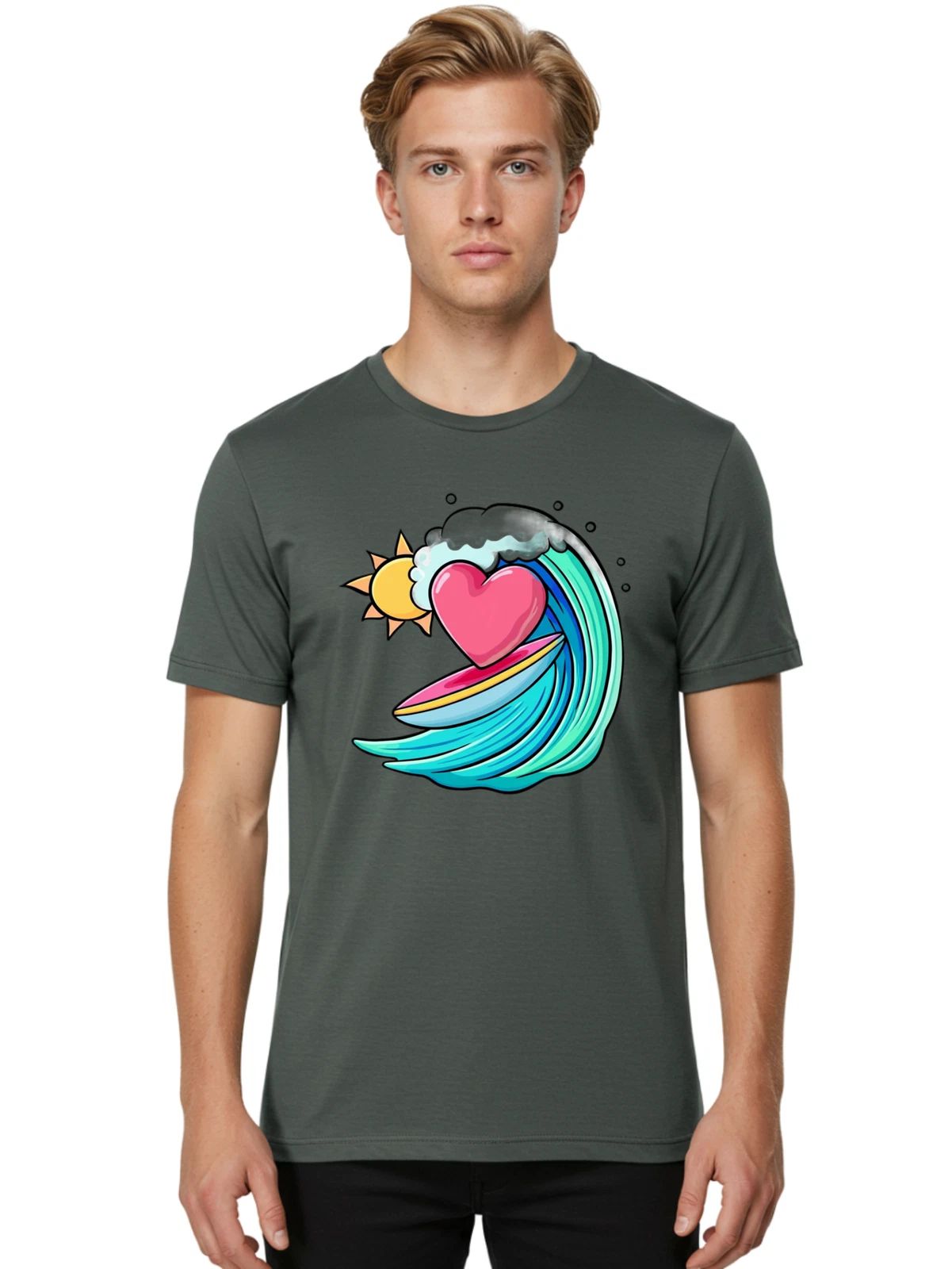 Surfing-Heart Mens Graphic Tee, 100% Cotton, Casual Summer Wear