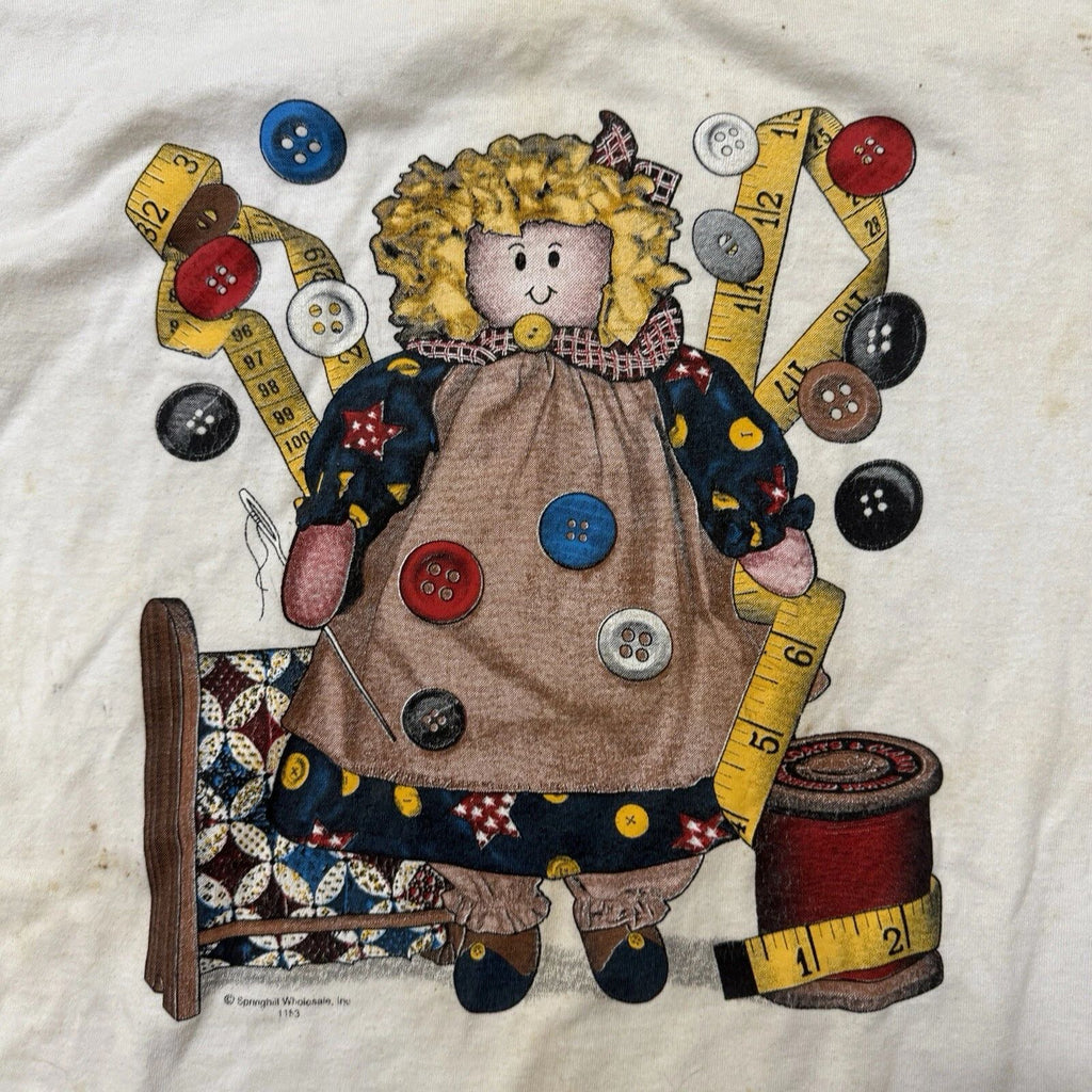 Vintage  Shirt Tee Adult Size L Knitting Sewing Springhill Doll Grunge Distress