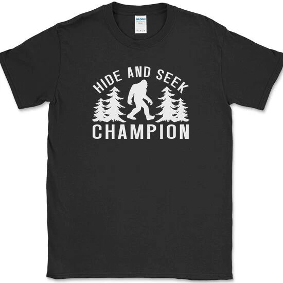 SASQUATCH HIDE AND SEEK Champion T-Shirt Funny Bigfoot humor Joke Novelty Tee