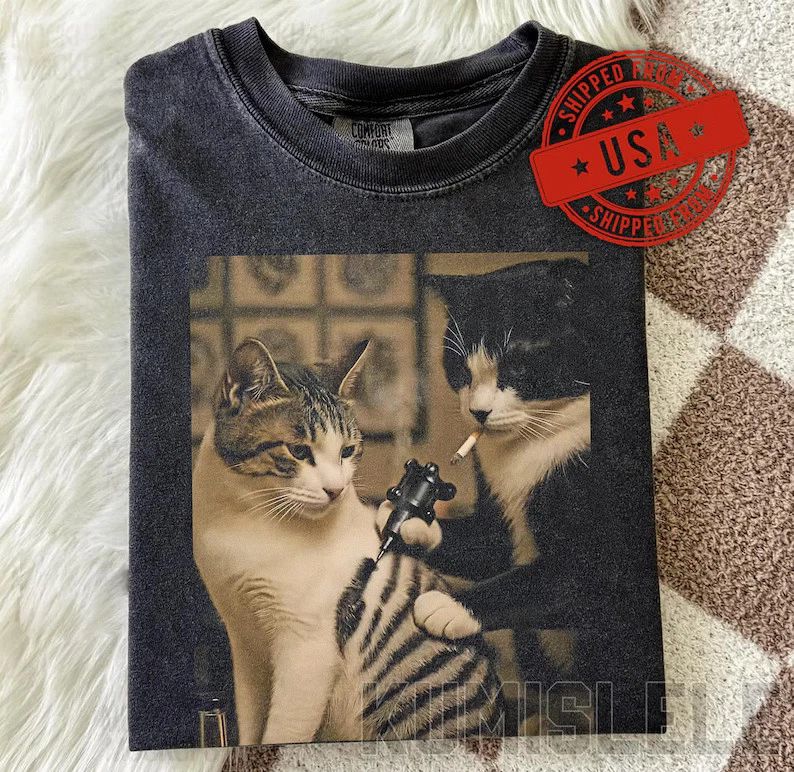 Retro Cat Tattoo Meme Comfort Tee Funny Vintage Animal Lover Gift