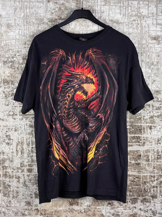Men's Y2K Spiral Fire Dragon Graphic T‑Shirt – Black XL Retro Gothic Tee