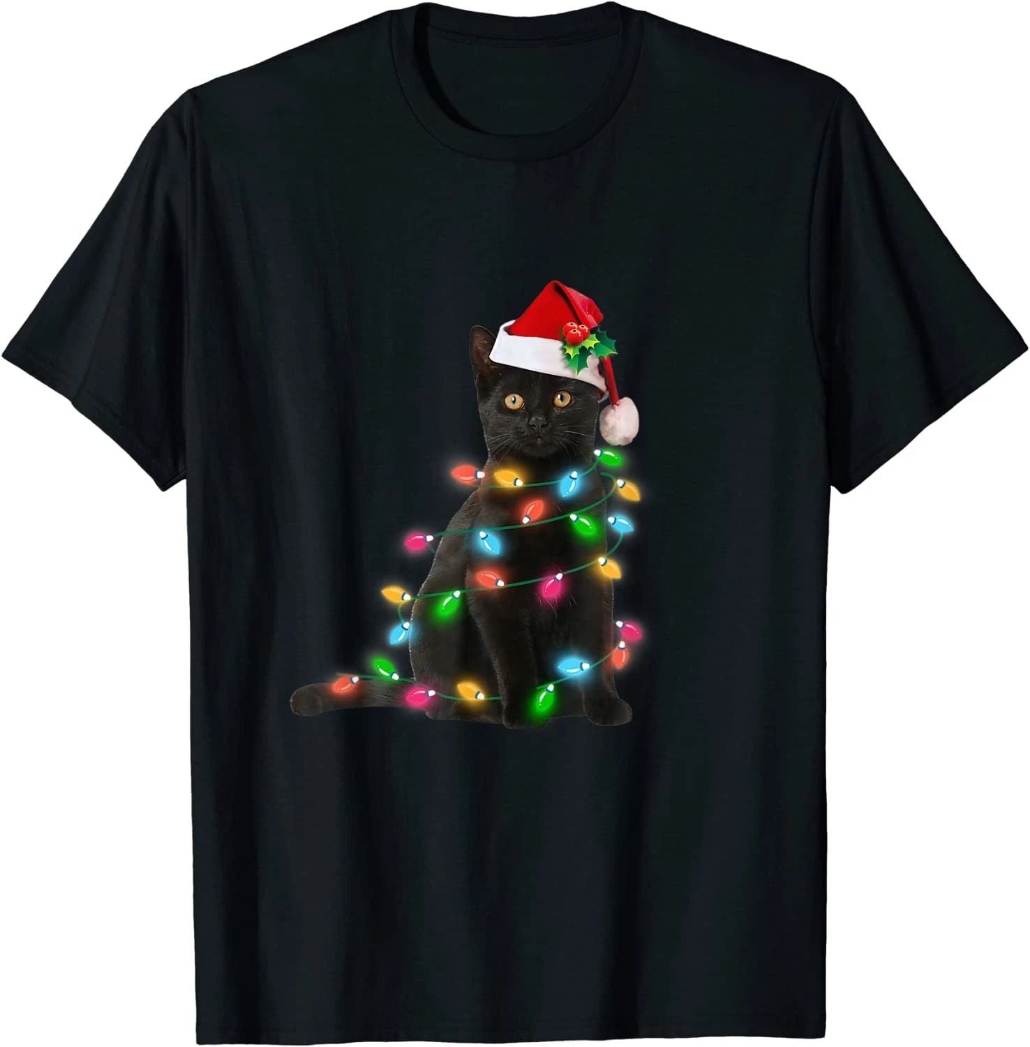 BEST! Cute Black Cat Christmas Light Funny Cat Lover Christmas Tee S-3XL