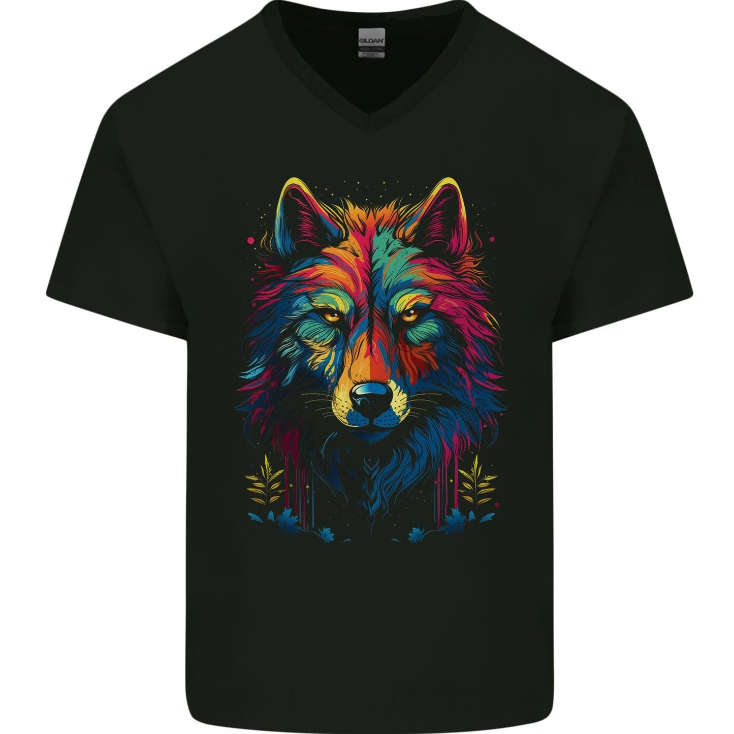 Colourful Fantasy Wolf Face Mens V-Neck Cotton T-Shirt