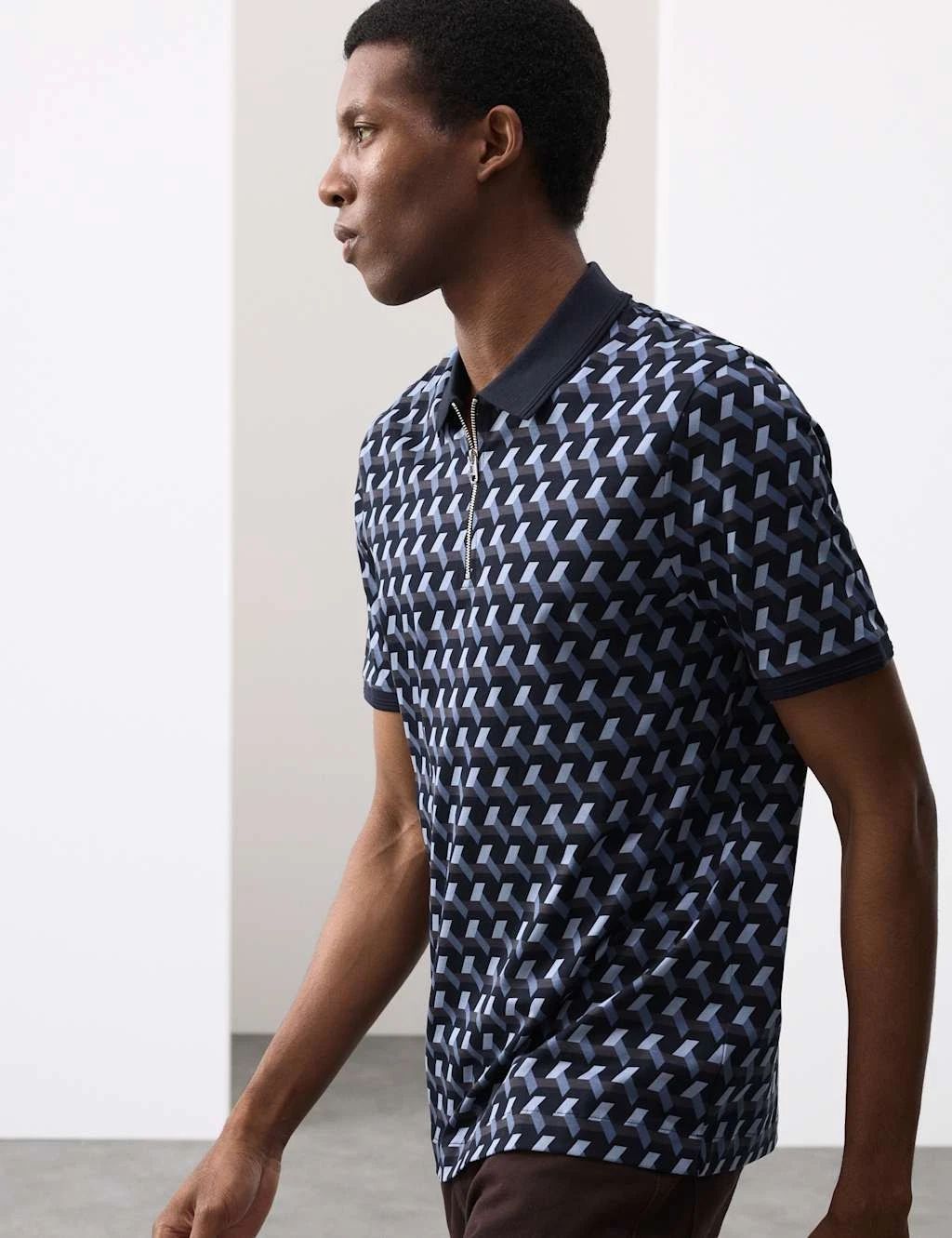 M&S - Autograph Mens Cotton Short sleeved Collar Polo Top in Mid Blue