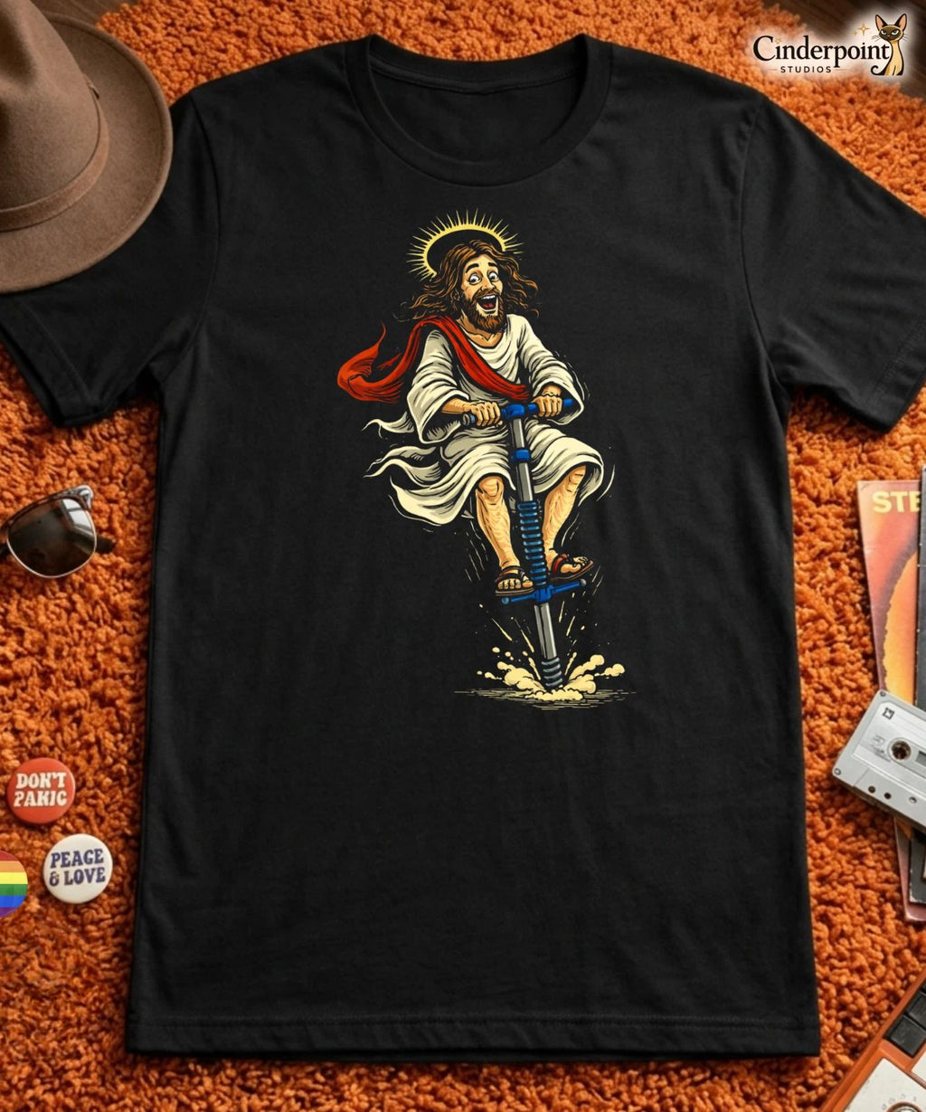 Jumpin Jesus on a Pogo Stick T-Shirt Retro Lowbrow Sacrilegious Graphic Tee S-5X