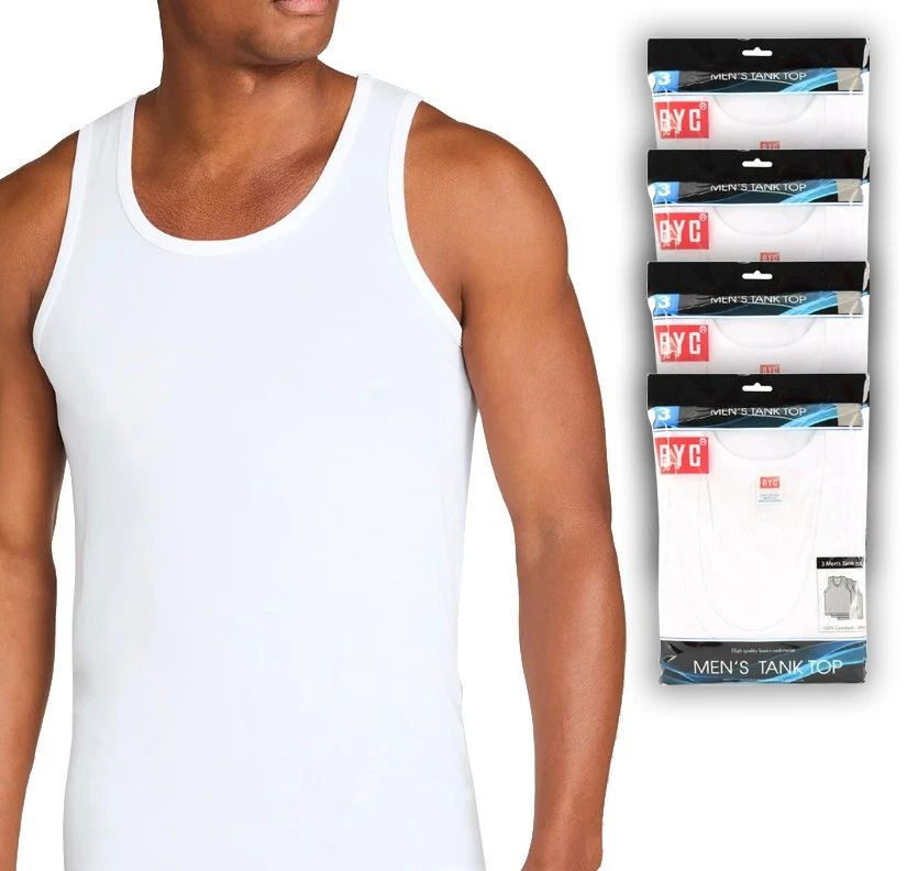 BYC Men's White 100% Cotton Undershirts Tank Top A Shirts Pack of 12 MT01