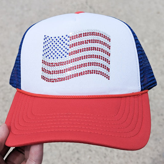 Rhinestone American Flag Trucker Hat