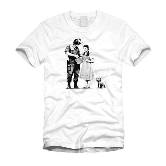 Stop And Search - Banksy Funny Spoof Graphic Gift Idea Humor Cool White T-Shirt