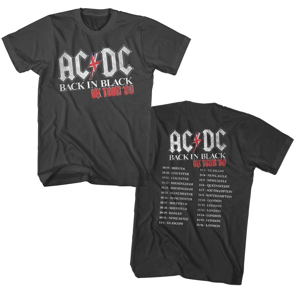 ACDC Back in Black UK Tour 1980 Mens T Shirt Vintage Rock Band Album Music Merch
