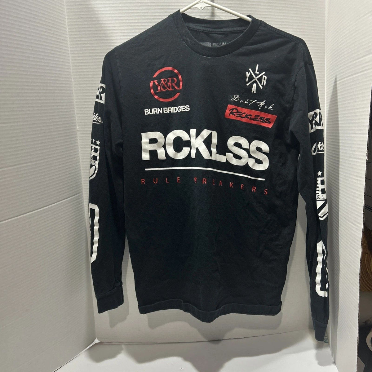 Young & Reckess Shirt Mens M Black Long Sleeve Graphic Logo Shirt H29