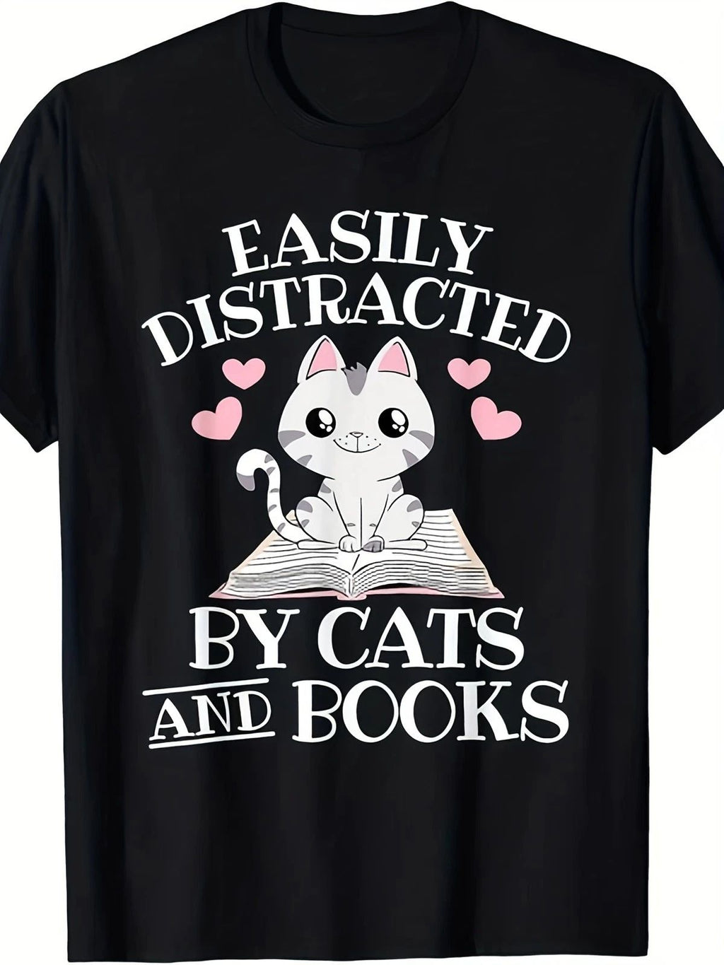 Easily Distracted By Cats & Books Funny T-Shirt - Cat Book Lover Gift, Unisex
