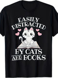 Easily Distracted By Cats & Books Funny T-Shirt - Cat Book Lover Gift, Unisex