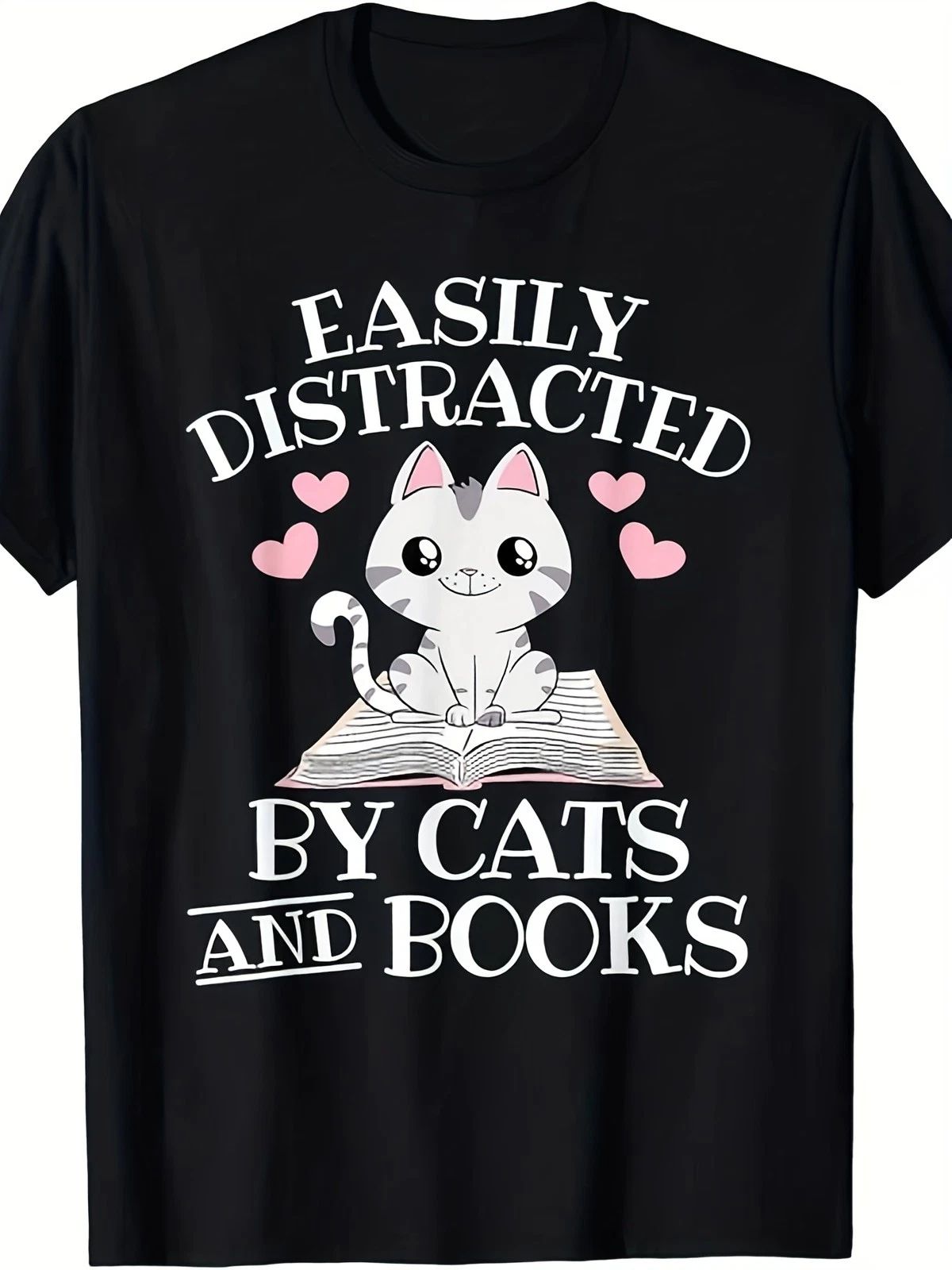 Easily Distracted By Cats & Books Funny T-Shirt - Cat Book Lover Gift, Unisex