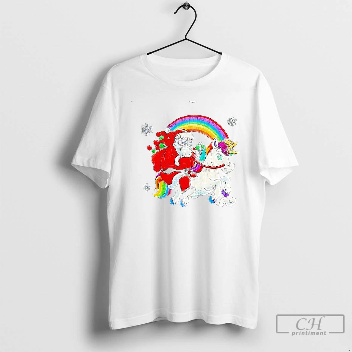 Classic Cool Santa On Rainbow Unicorn Christmas T Shirts