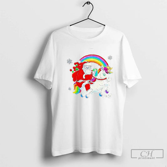 Classic Cool Santa On Rainbow Unicorn Christmas T Shirts
