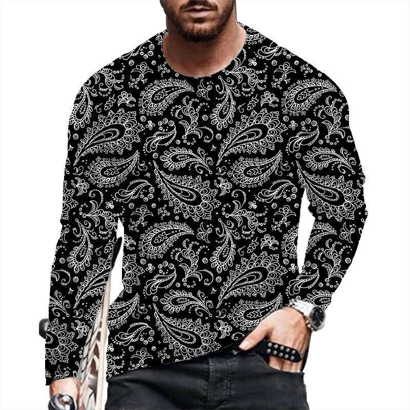 T Shirt Men Paisley Graphic Fashion Long Sleeve Black Casual Vintage T-Shirt