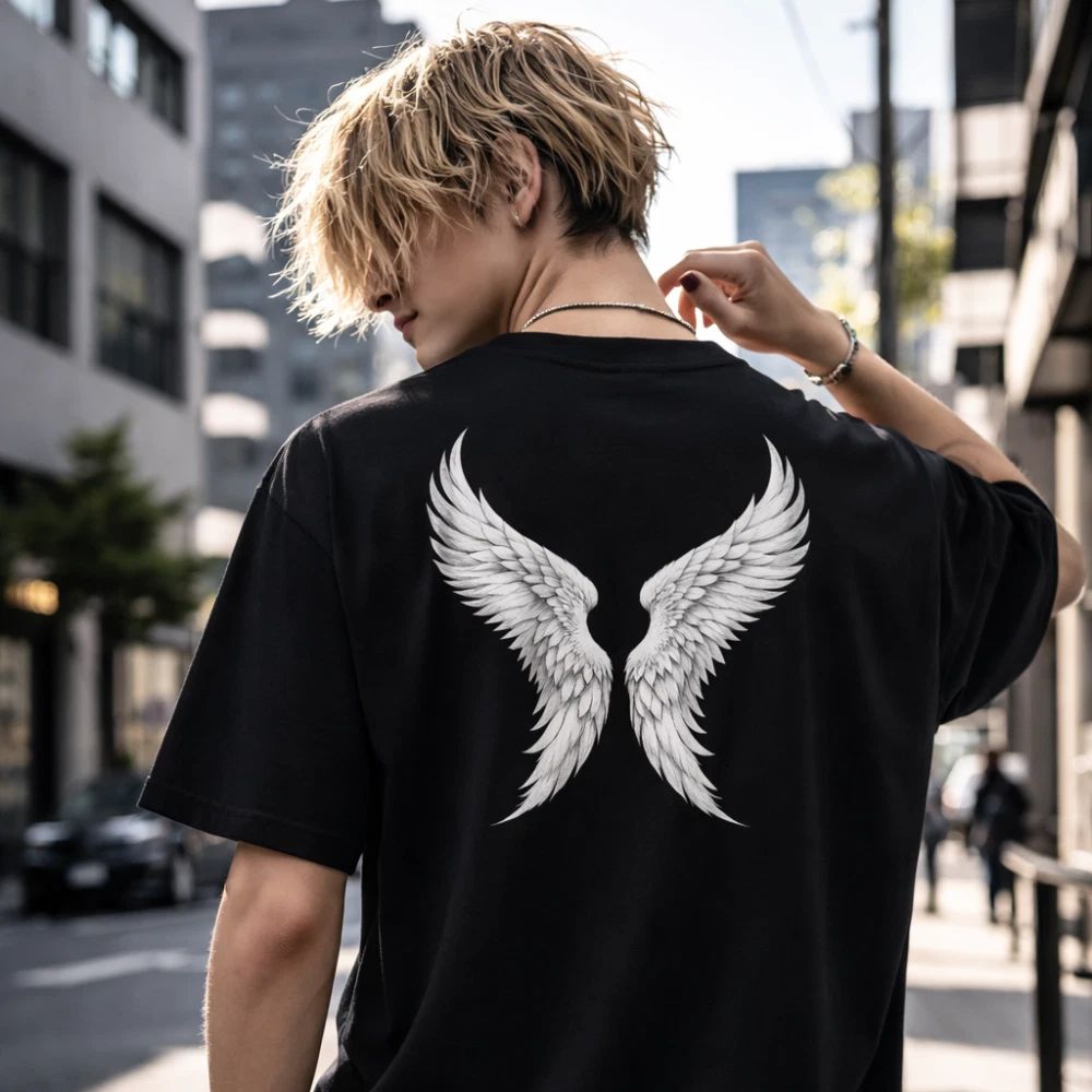 Dark Angel Wings T-Shirt Men Black Gothic Streetwear Back Print Graphic Tee
