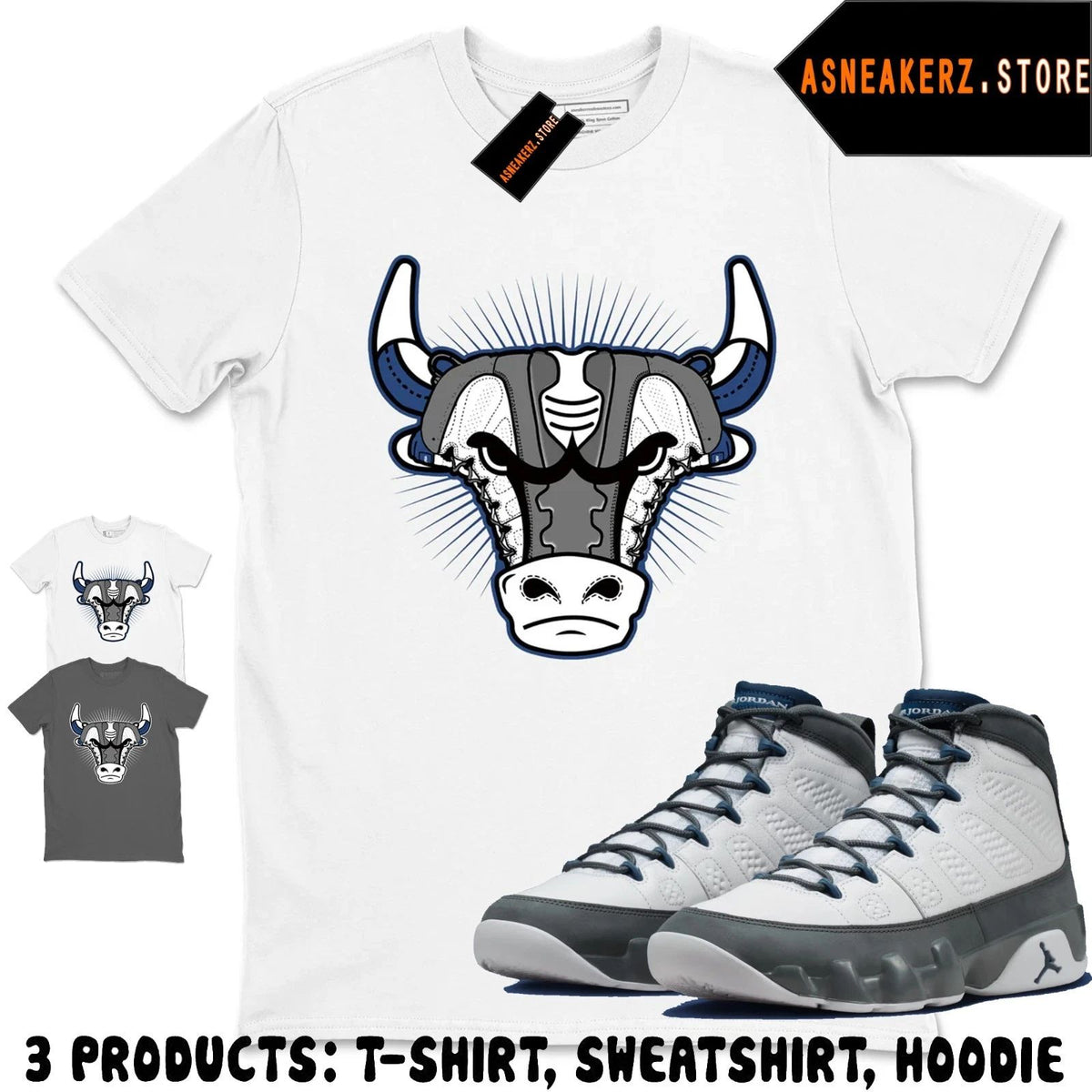 Shirt To Match AJ 9 Flint Grey 2026 Sneaker Matching Tee Bull Head T-Shirt