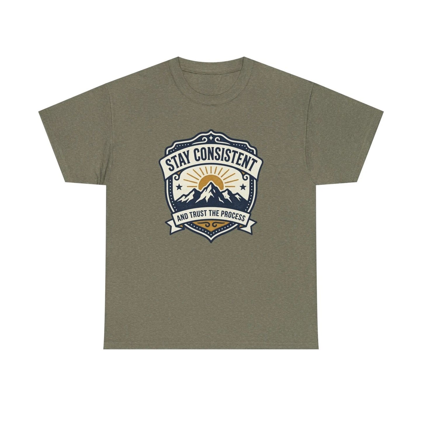 Stay Consistent mountain emblem Tee | motivational sunrise design