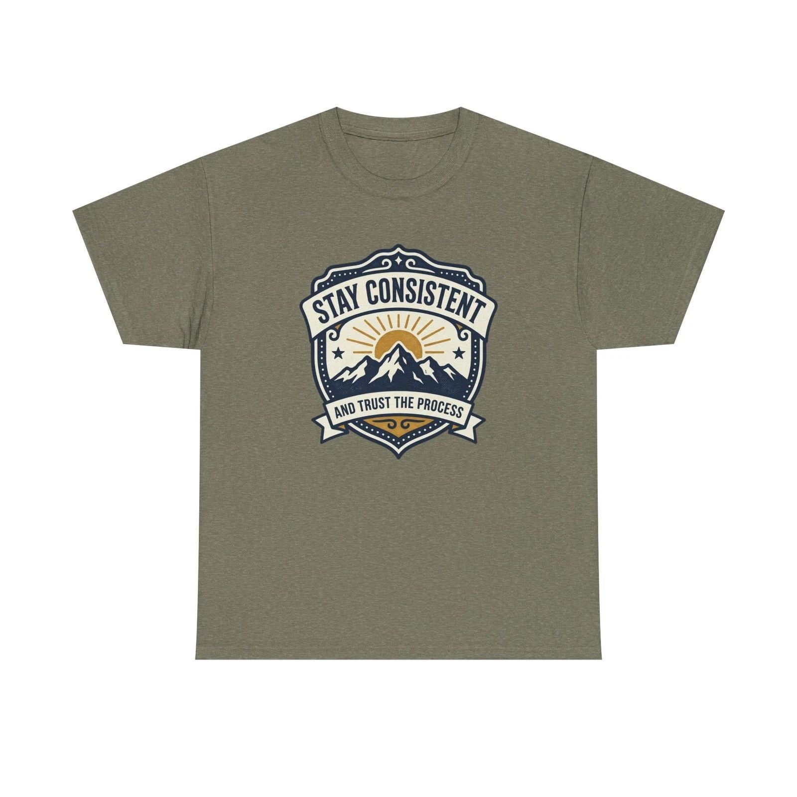 Stay Consistent mountain emblem Tee | motivational sunrise design
