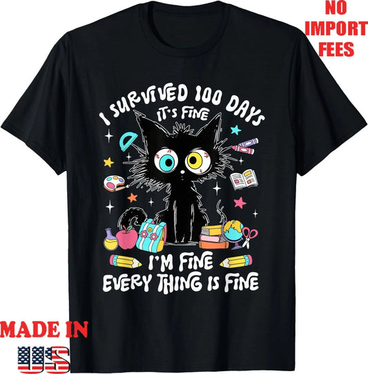 I Survived 100 Days of School Teacher Kids Funny Cat Lover T-Shirt,Kid Adult Tee