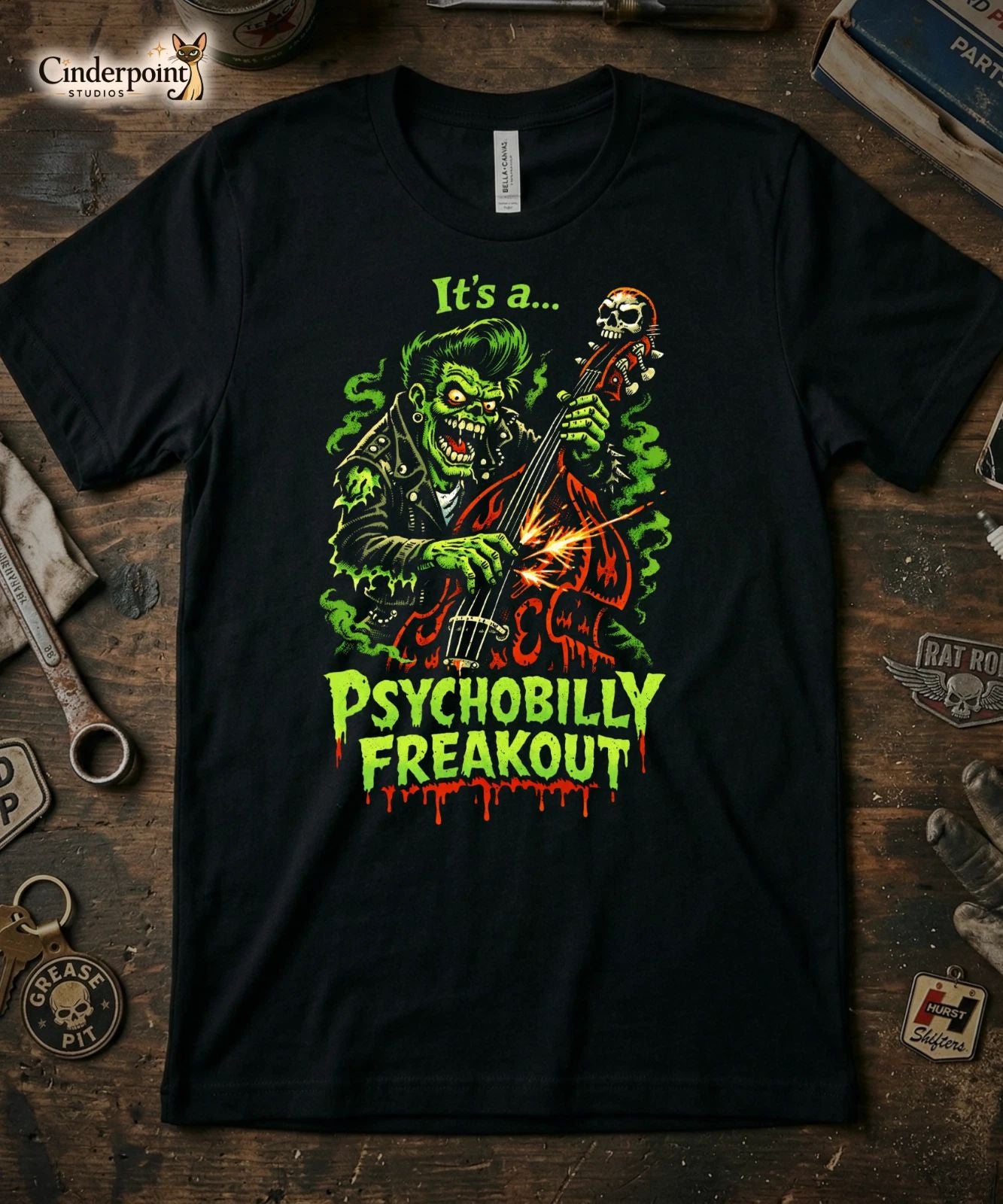 Psychobilly Freakout T-Shirt Retro Rockabilly Punk Graphic Tee Slap Bass XS-5X