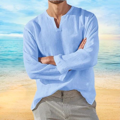 Men's Shirt Long Sleeve Cotton Linen T-shirt V-Neck Solid Breathable Casual NEW