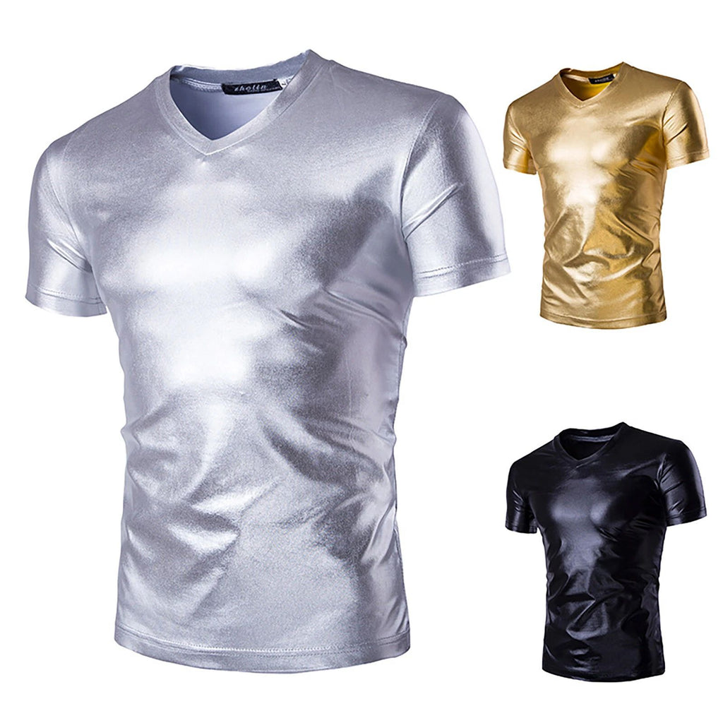 Men Slim Shiny Costume Short Sleeve V Neck T-Shirt Metallic Wet Look Tee Shirts