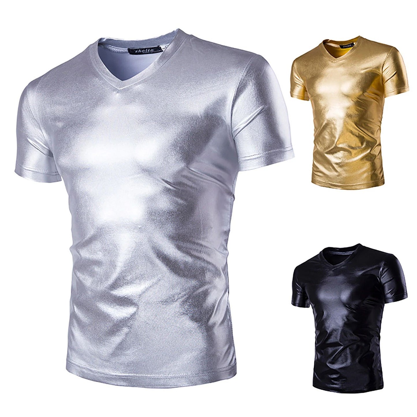 Men Slim Shiny Costume Short Sleeve V Neck T-Shirt Metallic Wet Look Tee Shirts