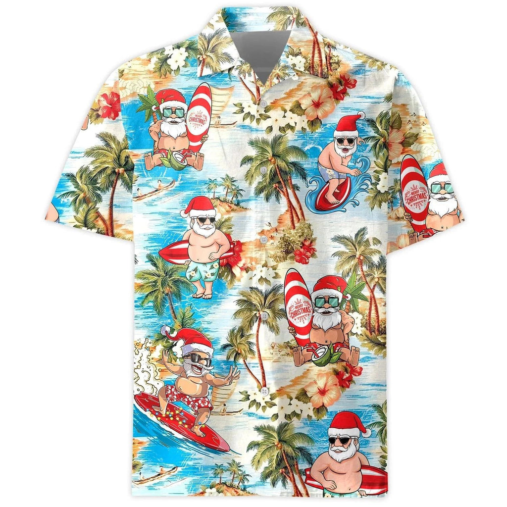 Beach Holiday Shirt with Surfing Claus and Tropical Vibes