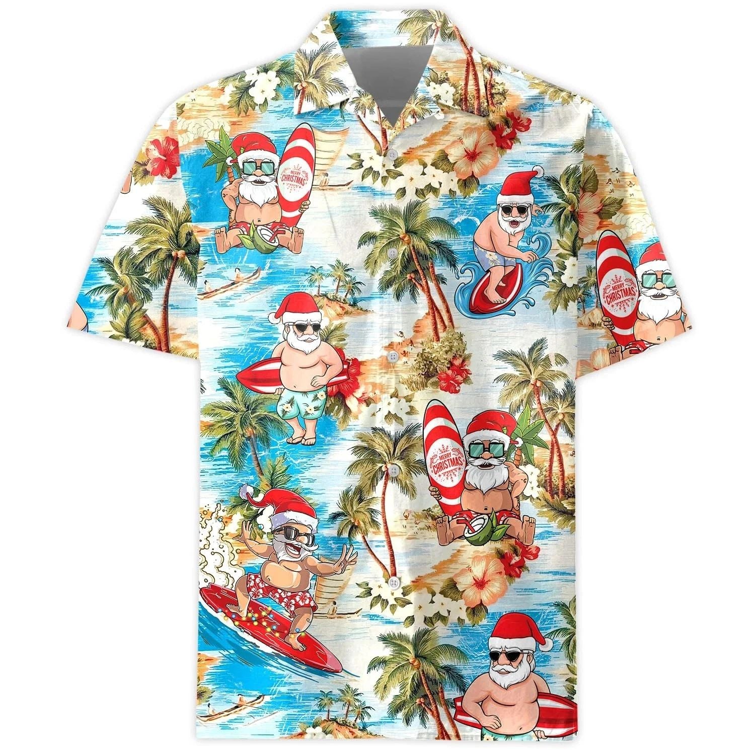 Beach Holiday Shirt with Surfing Claus and Tropical Vibes