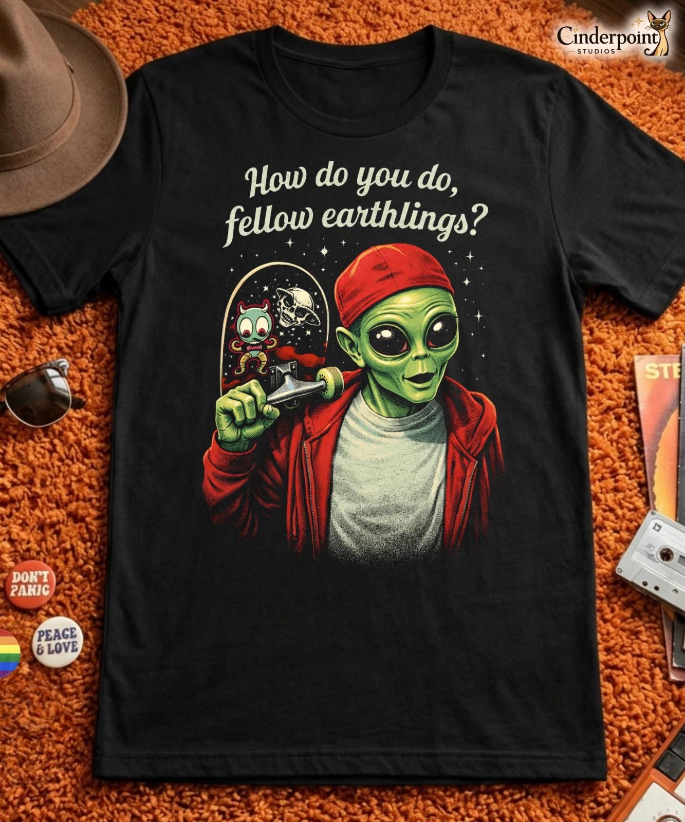 Fellow Earthlings T-Shirt Funny Alien Meme Sci Fi Tee Skateboarding UFO XS-5X