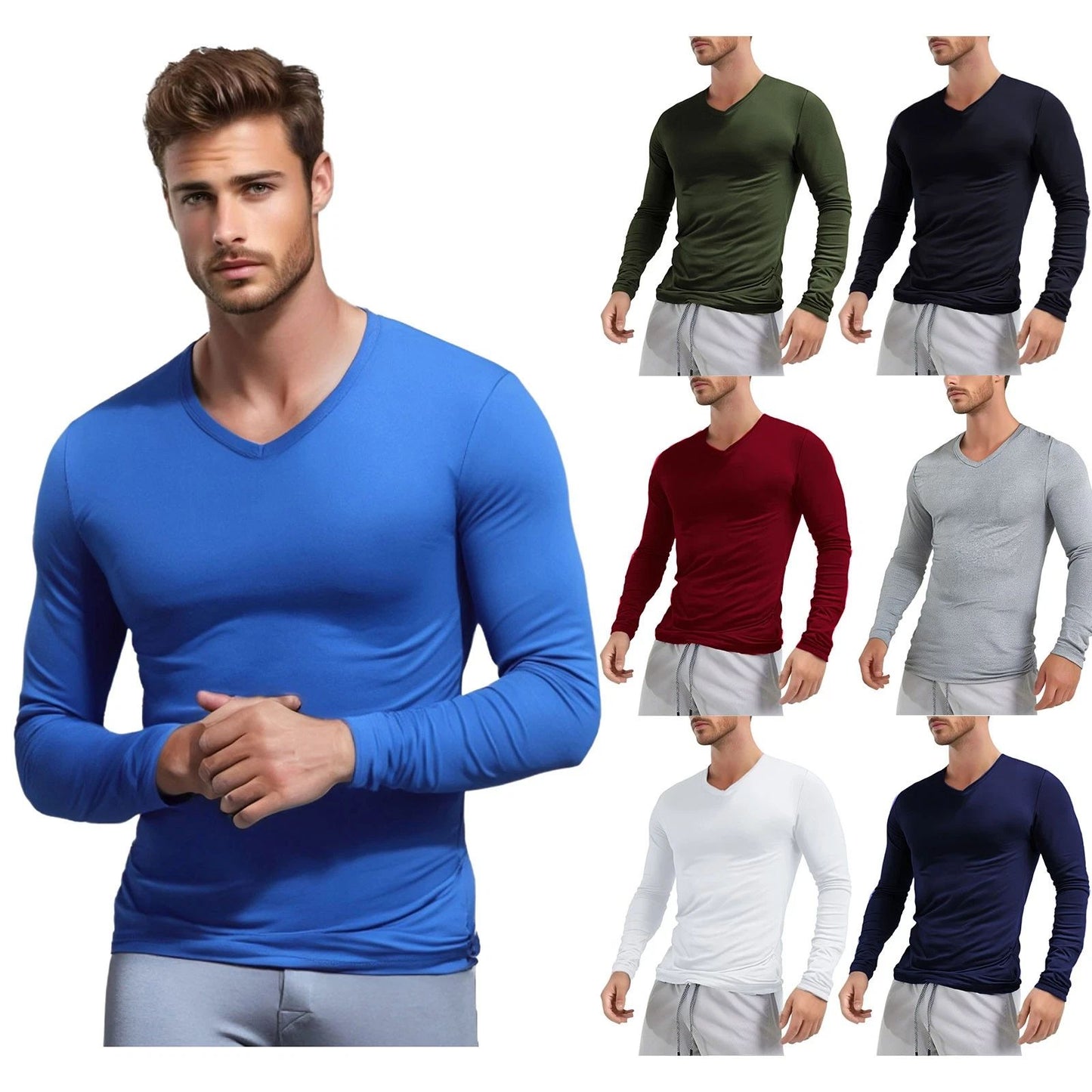 Men's Casual Slim Fit T-Shirt Stretch Long-Sleeve Undershirt V-neck Muscle Tops