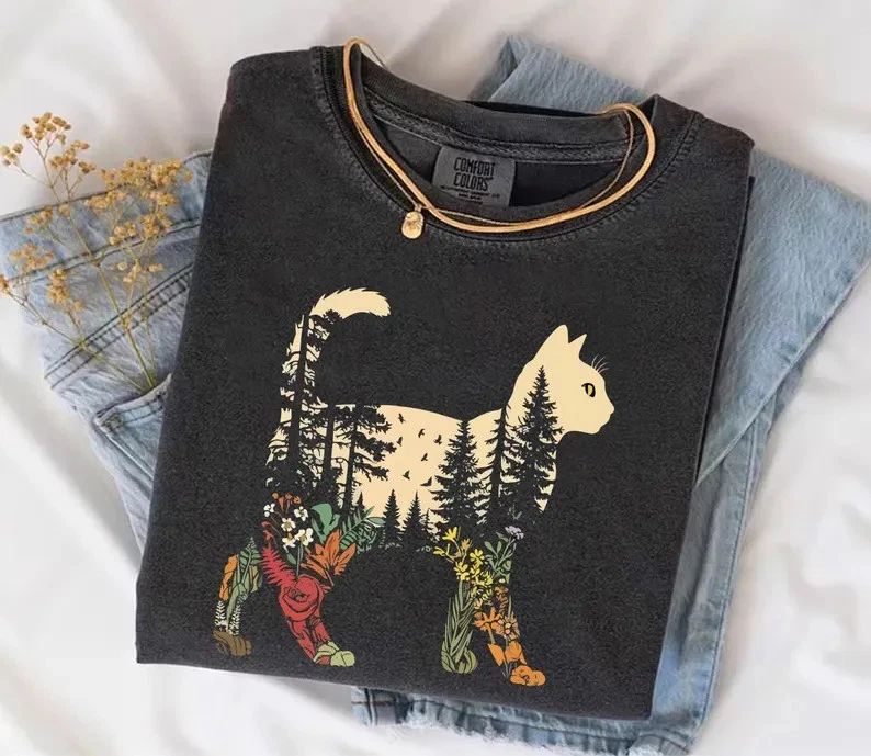 Boho Cat Plants Comfort Tee Shirt Cute Animal Lover