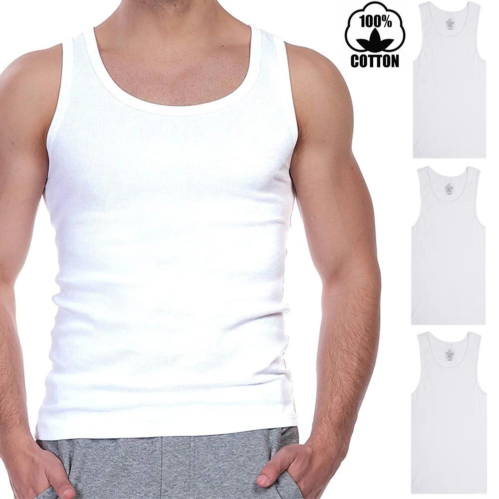 3-12 Pcs Mens 100% Cotton Tank Top A-Shirt Ribbed Wife Beater White Undershirt