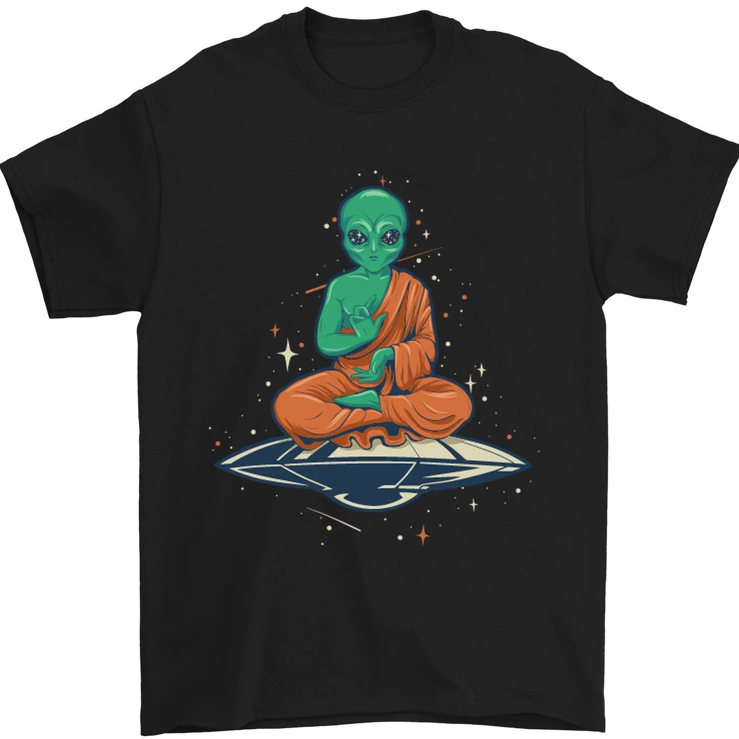 Meditating Alien UFO Yoga Mens T-Shirt 100% Cotton