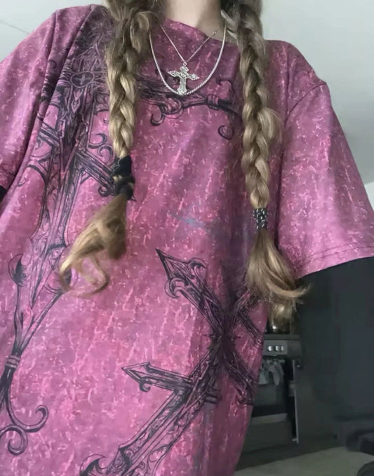 Y2k pink cross graphic t shirt gothgrunge oversized alt aesthetic t
