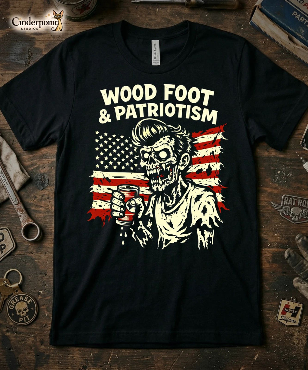 Wood Foot & Patriotism T-Shirt Zombie Gear Head Flag Retro Graphic Tee XS-5X