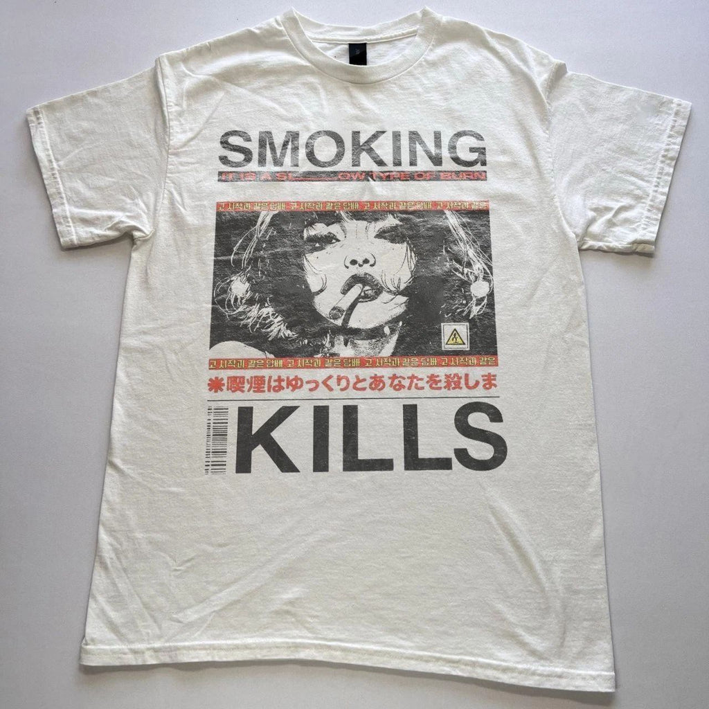Smoking Kills Shirt Japanese Kanji Anime Girl Graphic Tee Grunge Aesthetic White