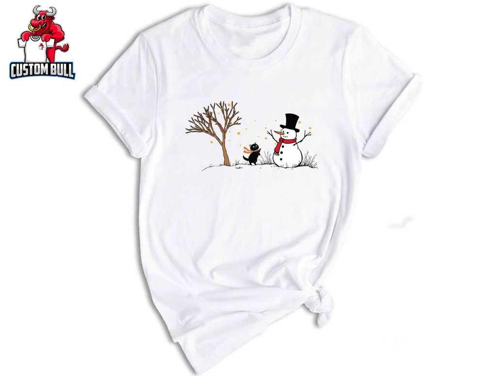 Christmas Snowman & Cat T-Shirt, Christmas Tree Shirt, Cute Snowman Tee