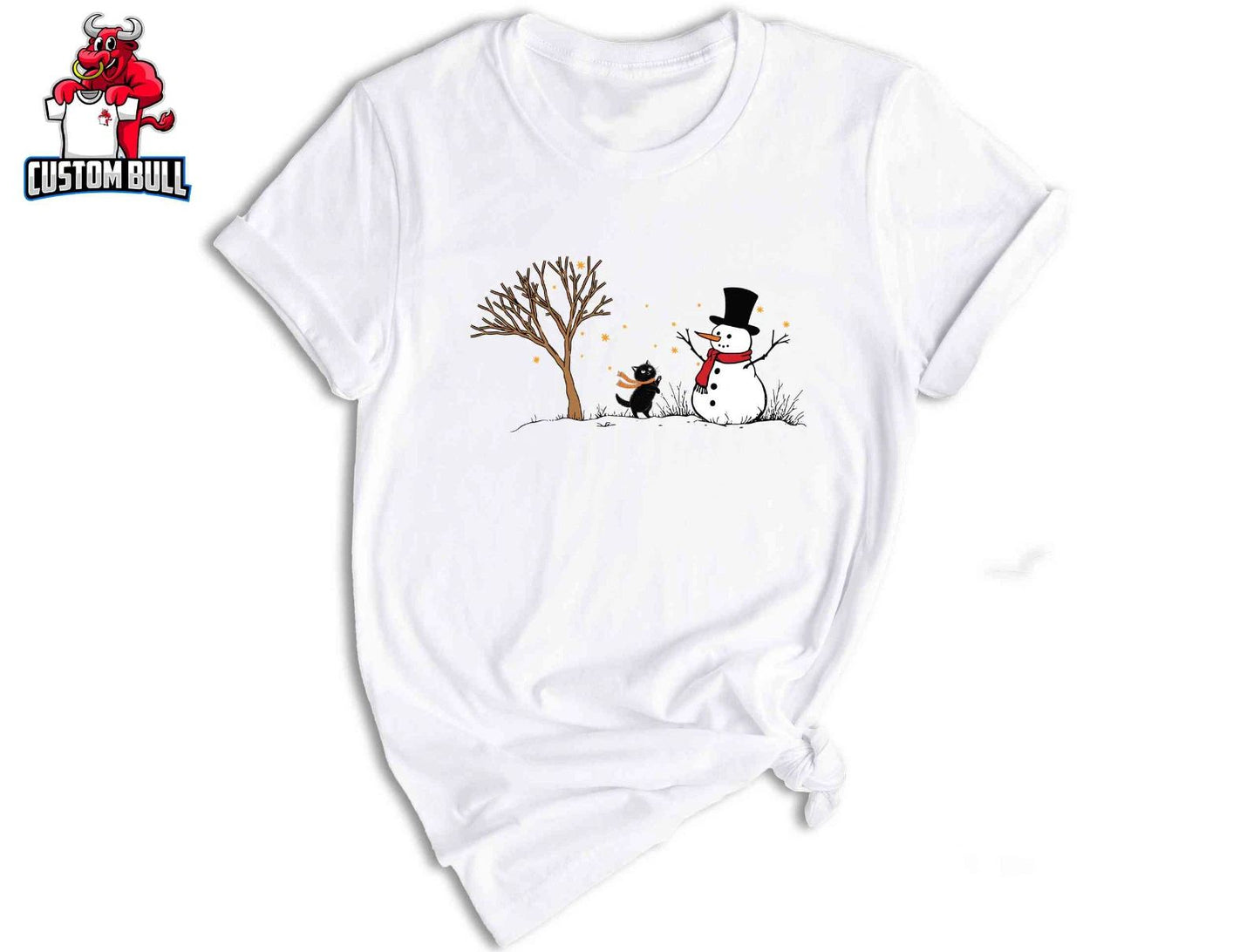 Christmas Snowman & Cat T-Shirt, Christmas Tree Shirt, Cute Snowman Tee