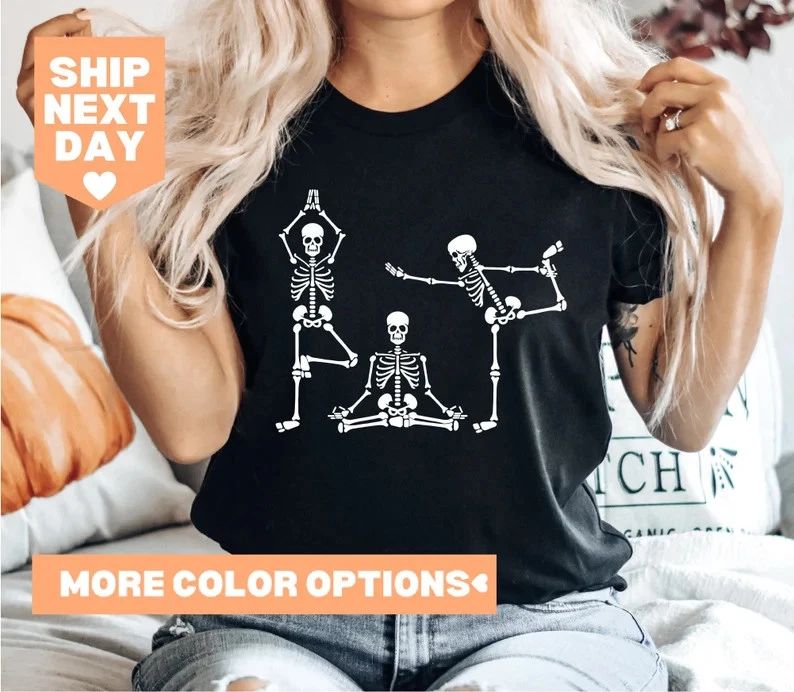 Skeletons Yoga Halloween Comfort Tee Shirt Spooky Skeleton