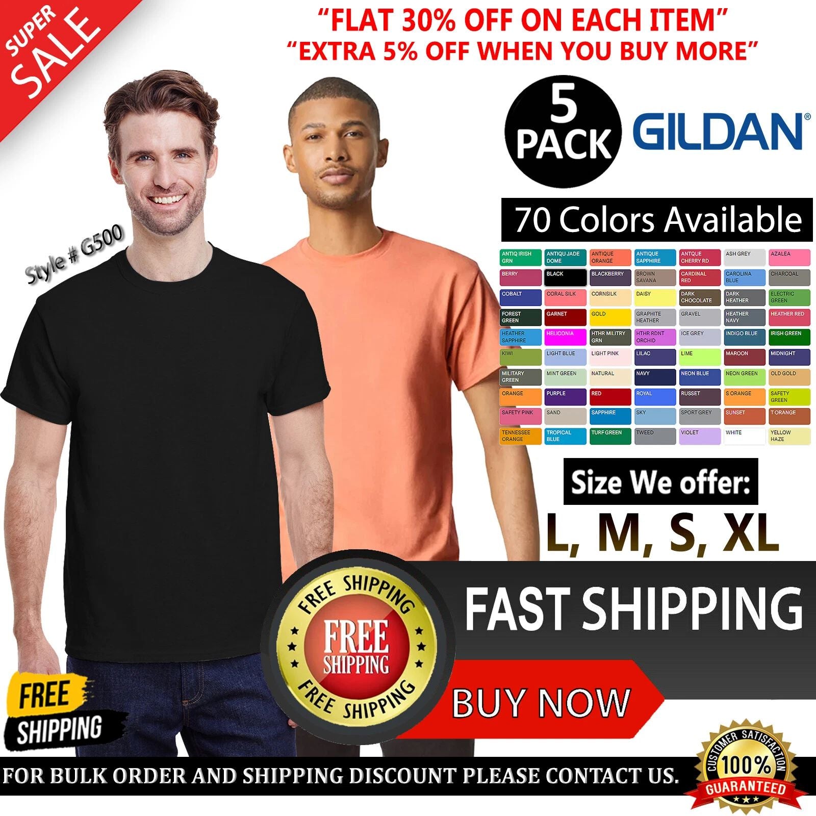 5 Pack Of Gildan Adult Heavy Cotton Stylish T Shirt Casual Plain T-Shirt - G500