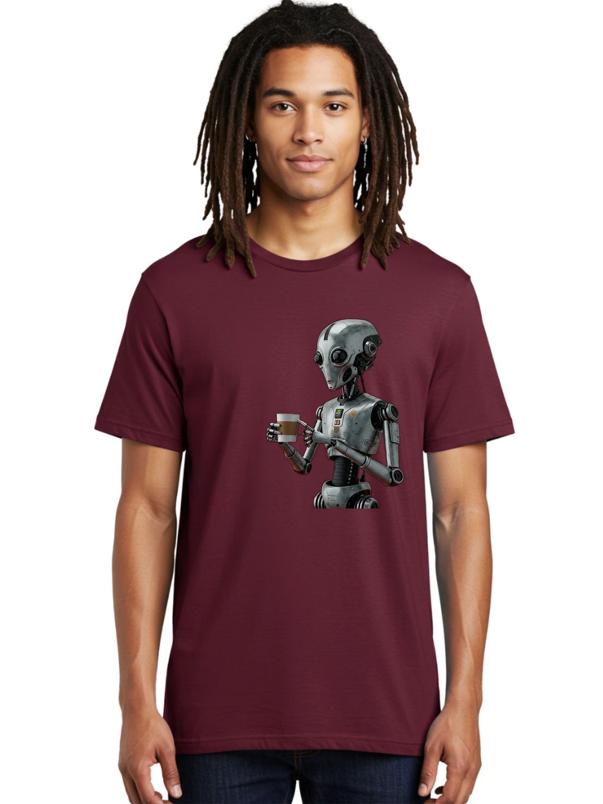 Robot-Drinking-Coffee Mens Graphic Tee, 100% Cotton, Casual Summer Wear