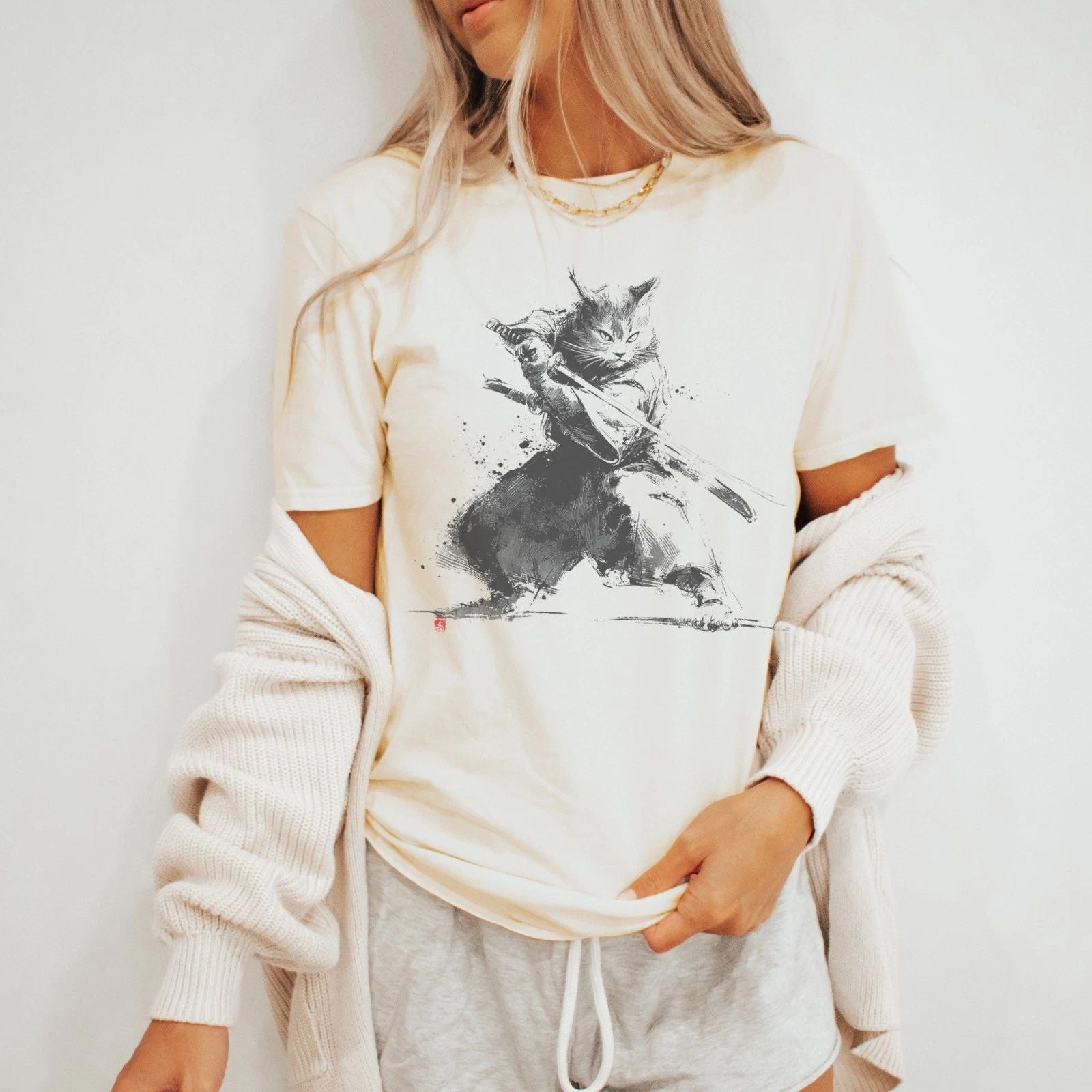 Warrior Samurai Graphic Tee Sketch Art Design Black Shirt