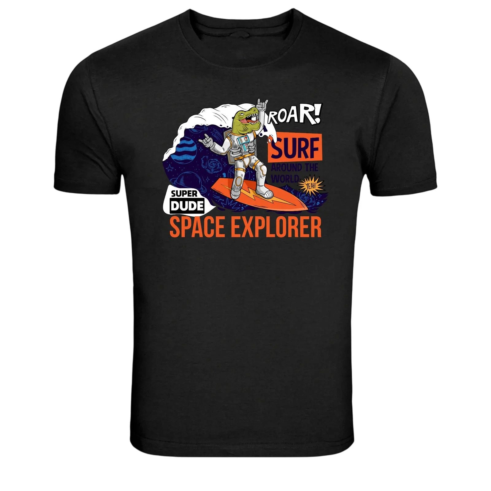 Space Explorer Dinosaur Astronaut Surf Graphic T-Shirt